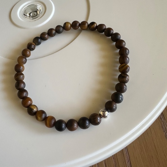 Matte Brown Tiger Eye Stretch Bracelet with Sterling Silver Ball Spacer - Picture 6 of 7